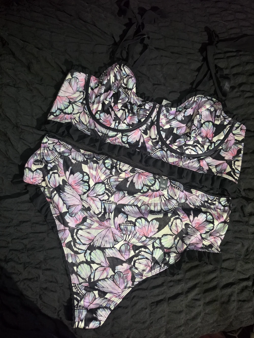 Butterfly Print Underwire Bra & Brief Set - Black with Pink & Purple Accents